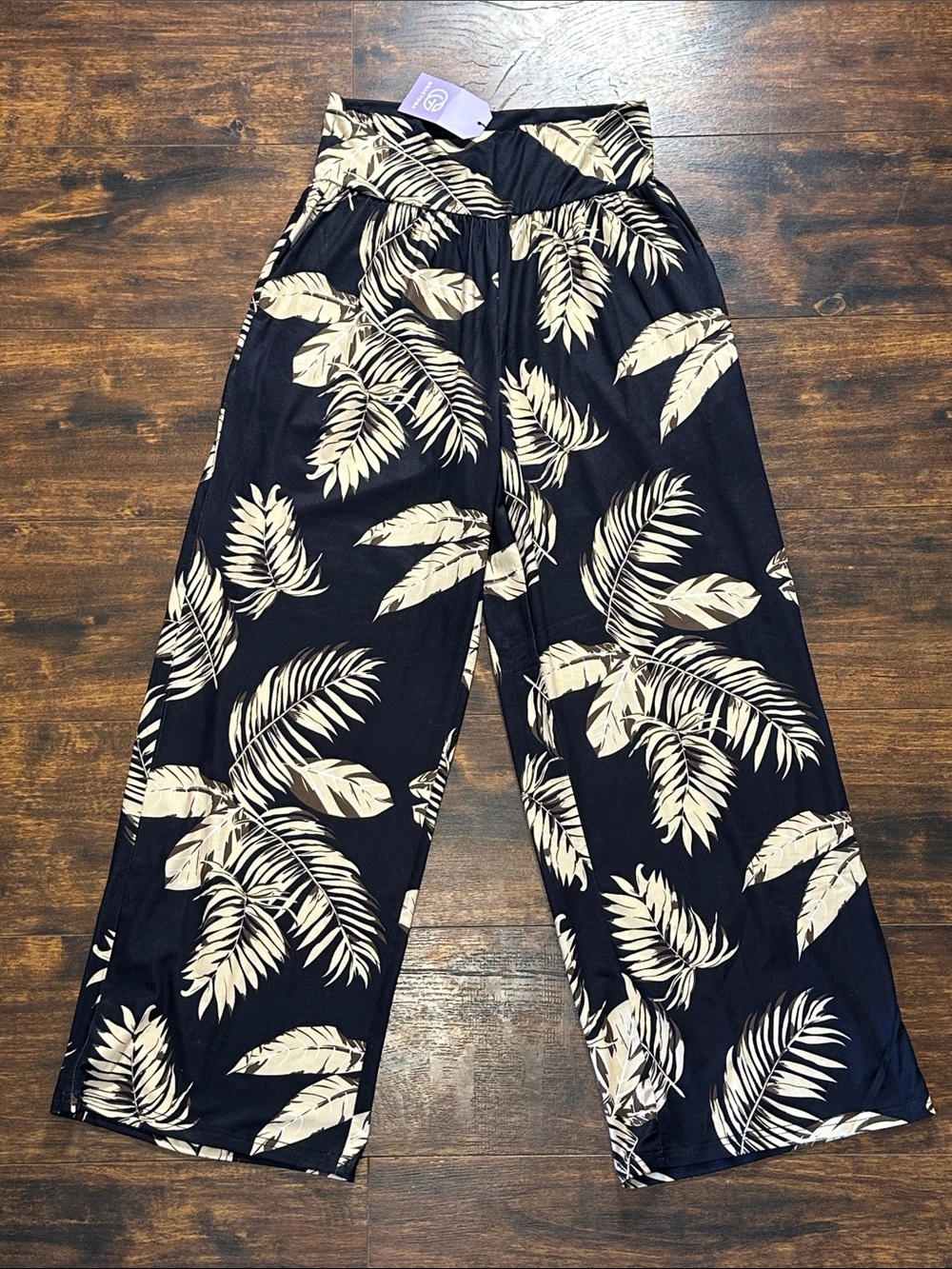 🌴 Gracyoga NWT Black Cream Tropical Leaf Wide Leg Yoga Pants M 🧘‍♀️